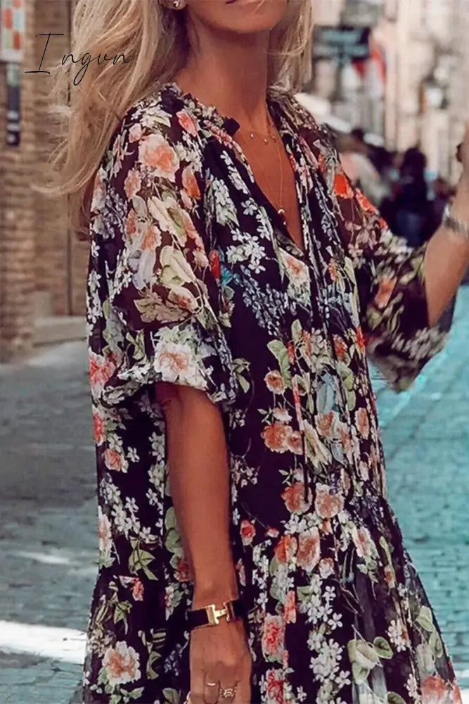 Ingvn - Casual Print Patchwork V Neck Cake Skirt Dresses