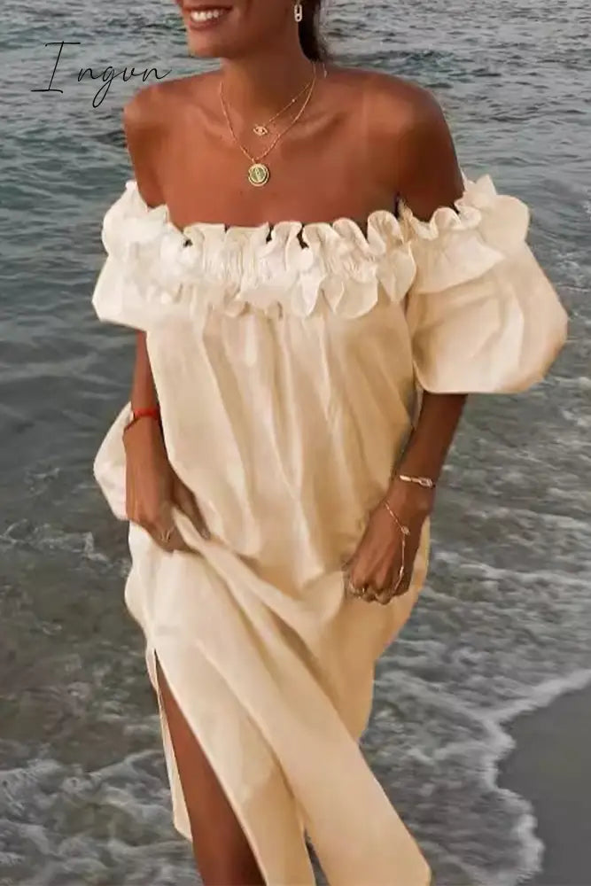 Ingvn - Sexy Solid Slit Fold Off the Shoulder Beach Dresses