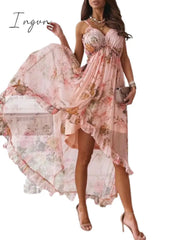 Ingvn - 2023 Fashion Women Summer Princess Dress Bohemian Sling Backless Deep V-Neck Floral Printing Ladies Dress Zipper Irregular Dress Streetwear