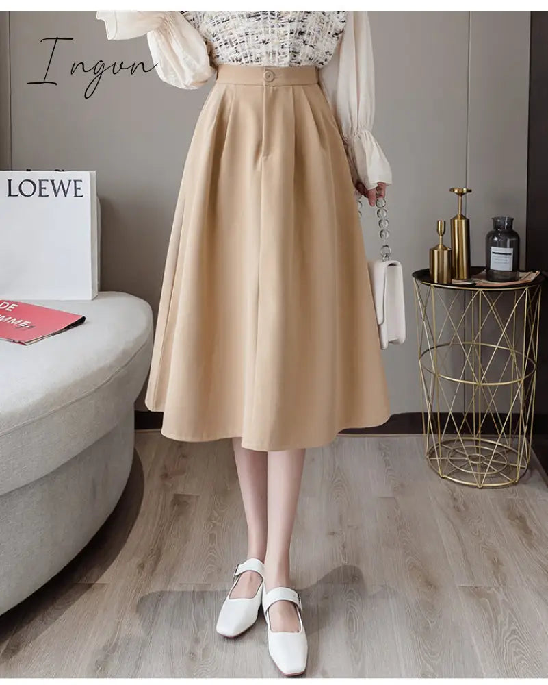 Ingvn - New Spring Summer High Waist Midi Skirt Women Casual Pocket Solid Color Loose A-Line Umbrella Skirt Female Petticoat