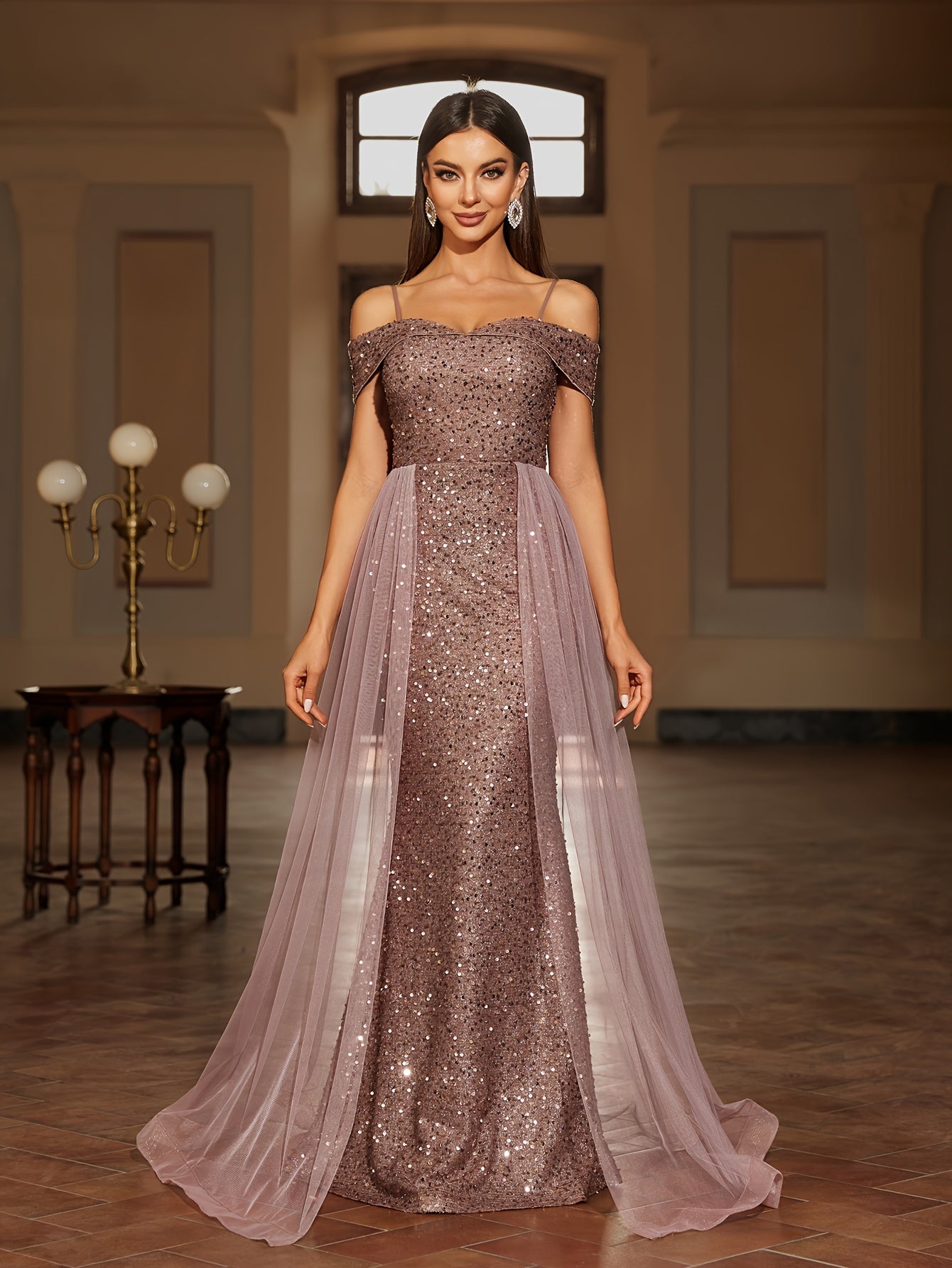 Sequined Contrast Mesh Cold Shoulder Asymmetrical Dress, Elegant Bodycon Dress For Party & Banquet, Women's Clothing