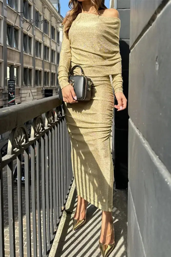 Ingvn - Sexy Solid Fold Sequined Off the Shoulder Wrapped Skirt Dresses