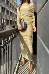 Ingvn - Sexy Solid Fold Sequined Off the Shoulder Wrapped Skirt Dresses