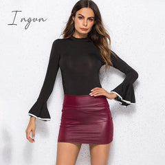 Ingvn - Women PU Leather Skirt Red High Waist Slim Pencil Skirts Vintage Bodycon Skirt Sexy Clubwear
