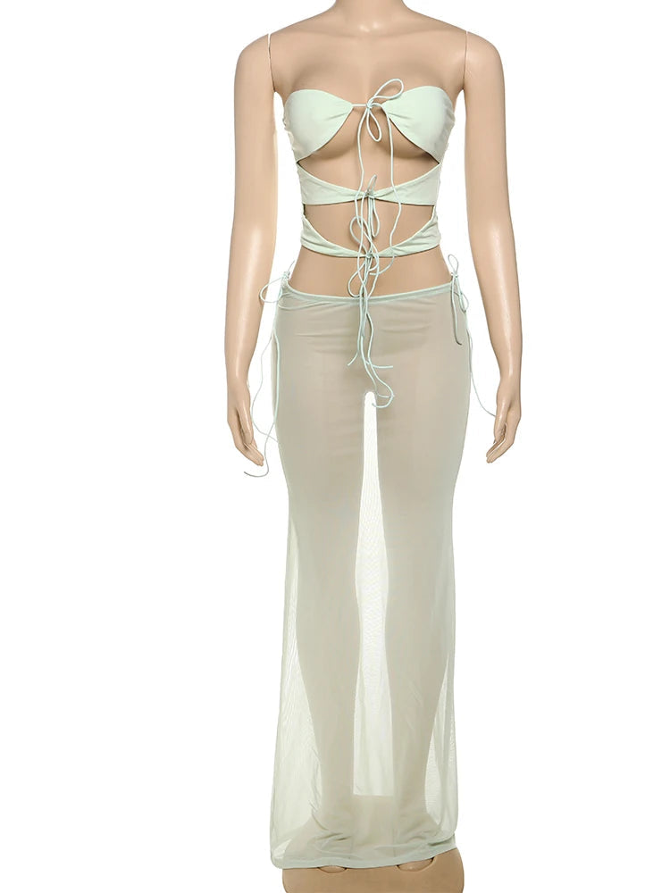 Sexy Hollow 2 Piece Set Women Chic Summer Vacation Beach Strapless Knot Tops+Mesh Long Skirts Solid Stretch Clubwear