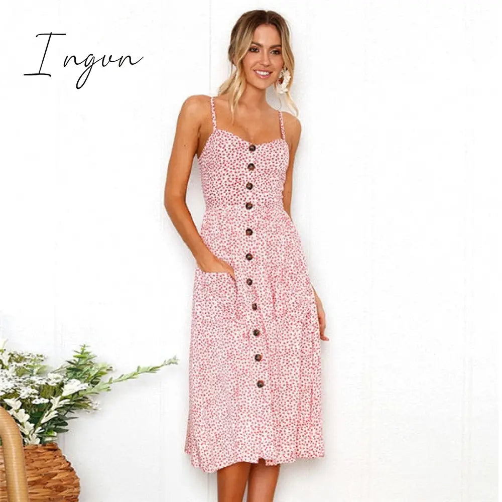 Ingvn - Boho Sexy Floral Dress Summer Vintage Casual Sundress Female Beach Dress Midi Button Backless Polka Dot Striped Women Dress