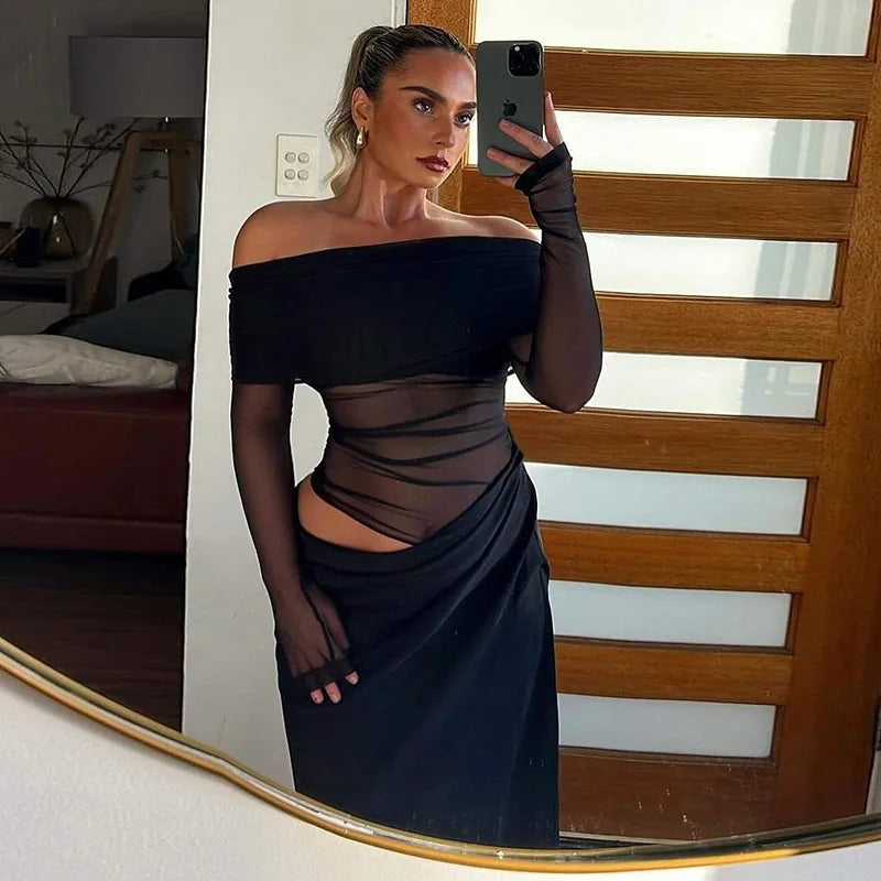 Mesh Patchwork Dress Women Sexy Backless Hollow Out Long Dress 2025 Summer Trend Skinny Stretch Elegant Clubwear Maxi Dresses