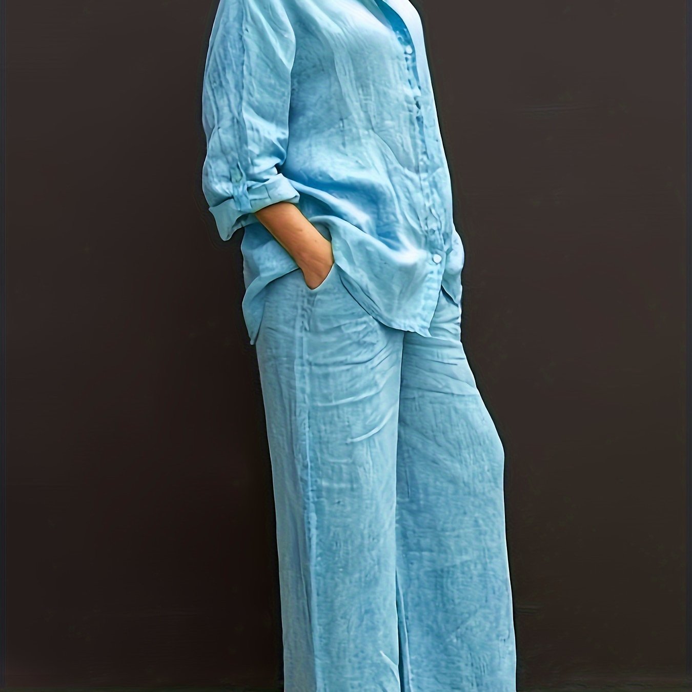 Two-Piece Solid Color Chic Pantsuit Set - Women's Casual Long Sleeve Shirt & Elastic Waist Pants Outfits with Comfortable Fabric and Versatile Style for Daily Wear