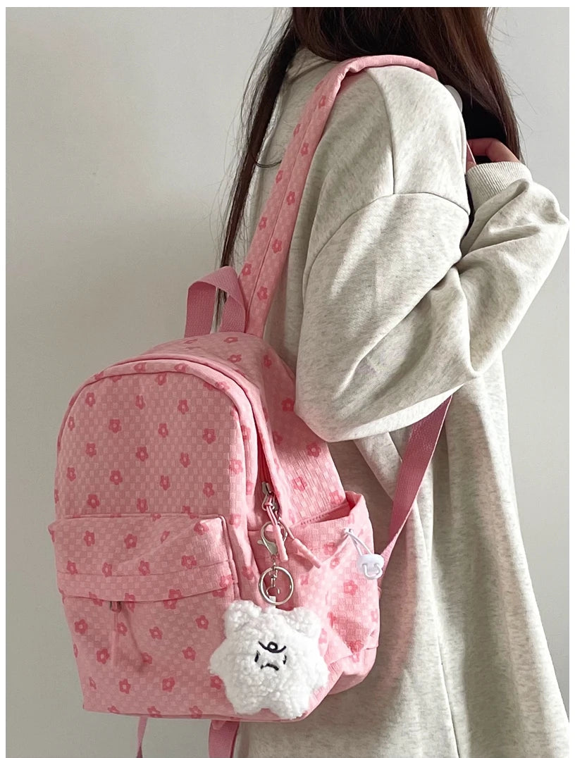 INGVN  Mini Japanese Sweet Floral Print Backpack Casual Y2k Aesthetic Preppy Schoolbags Women Kawaii All Match Backpacks for Students