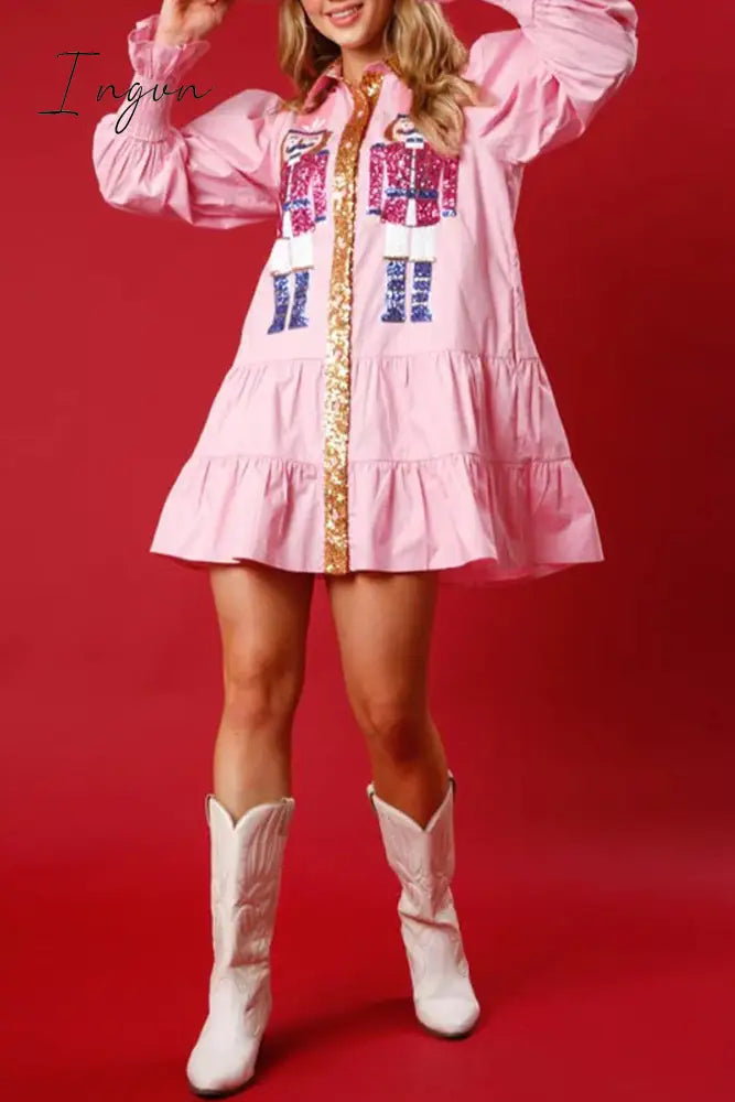 Ingvn - Sweet Solid Sequins Contrast Turndown Collar Long Sleeve Dresses