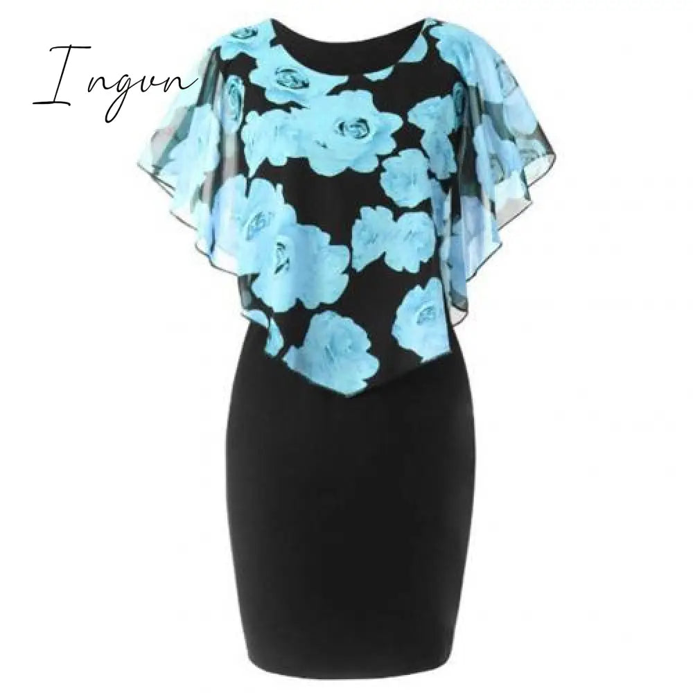 Ingvn - Plus Size Womens Dress Elegant Office Lady Rose Flower Print Cape Bodycon Knee Length Dress