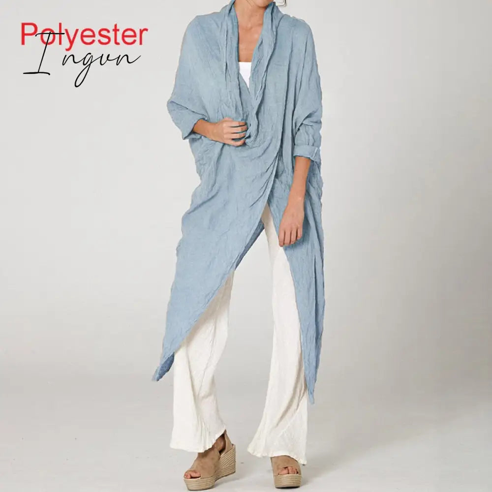 Ingvn - Women Tops Vintage Solid Blouses Summer Fashion Long Shirts Casual Cowl Neck Long Sleeve Asymmetrical Party Blusas