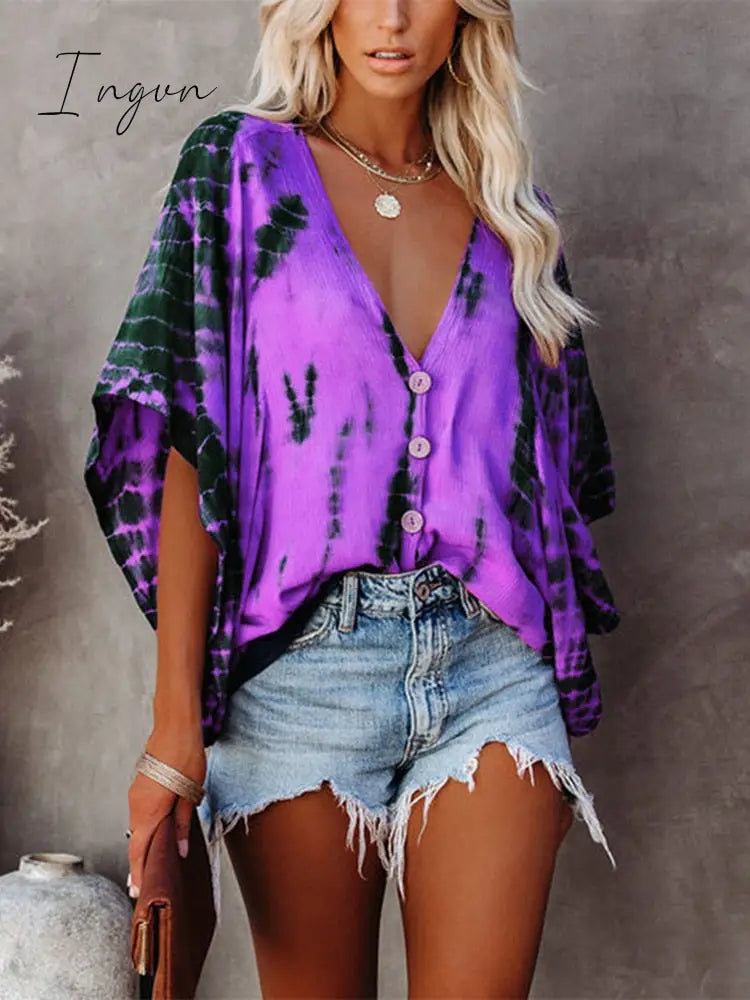 Ingvn - Summer Fashion Oversized Deep V-neck Women's Shirt Tie Dye Vintage Print Button Batwing Sleeve Top Female Casual Loose Cardigan