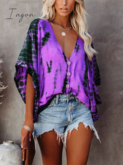 Ingvn - Summer Fashion Oversized Deep V-neck Women's Shirt Tie Dye Vintage Print Button Batwing Sleeve Top Female Casual Loose Cardigan
