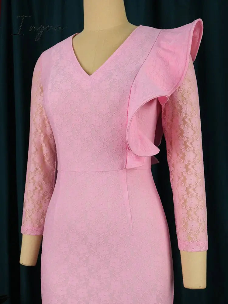 Ingvn - Women Pink Lace Dresses Midi Mermaid Long Sleeve African Ladies Party Birthday Dress Bodycon Large Size Formal Event Clothes