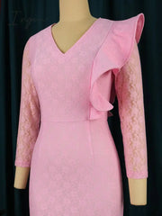 Ingvn - Women Pink Lace Dresses Midi Mermaid Long Sleeve African Ladies Party Birthday Dress Bodycon Large Size Formal Event Clothes