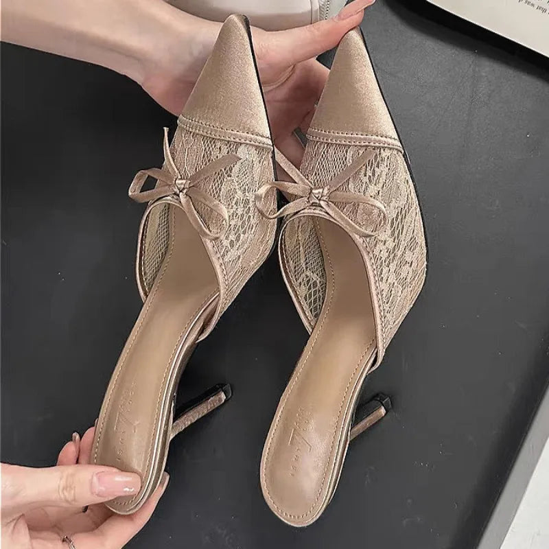 Bow Mesh Lace High Heels Slippers Pointed Toe Women Sandals Mules Shoes 2025 New Summer Trend Dress Pumps Sexy Sandalias Mujer