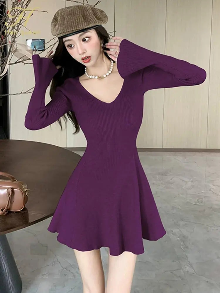 Autumn Solid Knitted Dresses for Women Elegant Fashion V-Neck Slim Evening Party Mini Dress Female A-Line Casual Vestidos Mujer