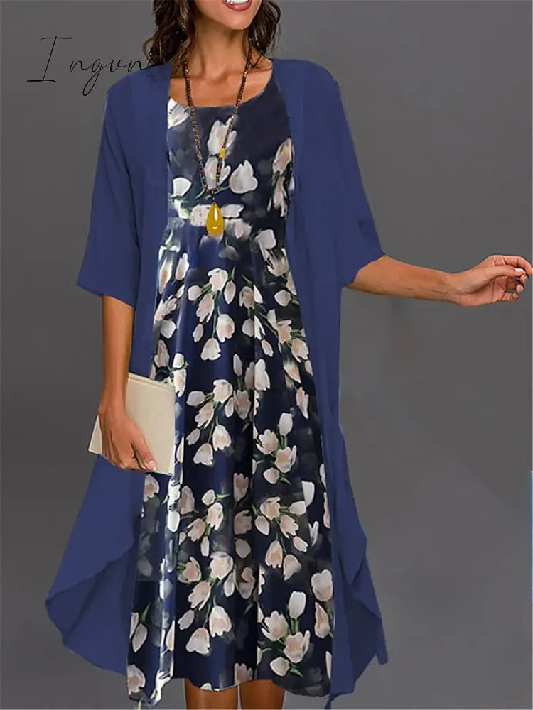 Ingvn - Women's Two Piece Dress Set Casual Dress Print Dress Outdoor Daily Fashion Elegant Print Midi Dress Crew Neck 3/4 Length Sleeve Floral Loose Fit Black White Pink Summer Spring S M L XL XXL