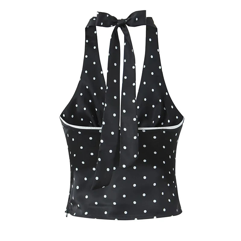 Women Vintage Polka Dot Halter Top Sexy Backless Fit Slim Holiday Summer Crop Top