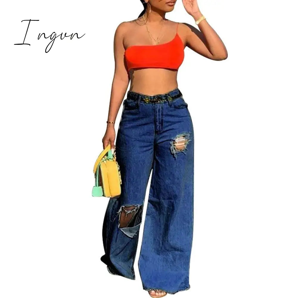 Ingvn - Front Ripped Frayed Hem Wide Leg Denim Trousers