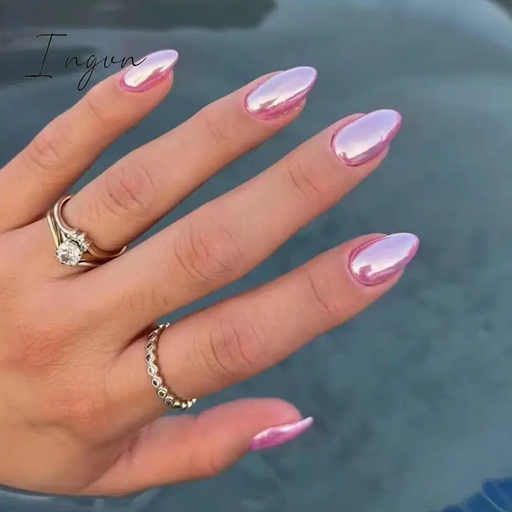 24pcs Short Glitter Purple False Nails  Almond Stiletto French Wearable Fake Nails Art Artificial Full Cover Press on Nail Tips