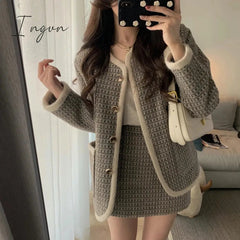 Ingvn - Autumn Winter Korean Fashion Casual Plaid Tweed 2 Piece Set Women Jacket Coat + Mini Skirt Suits Female Vintage Two Piece Sets