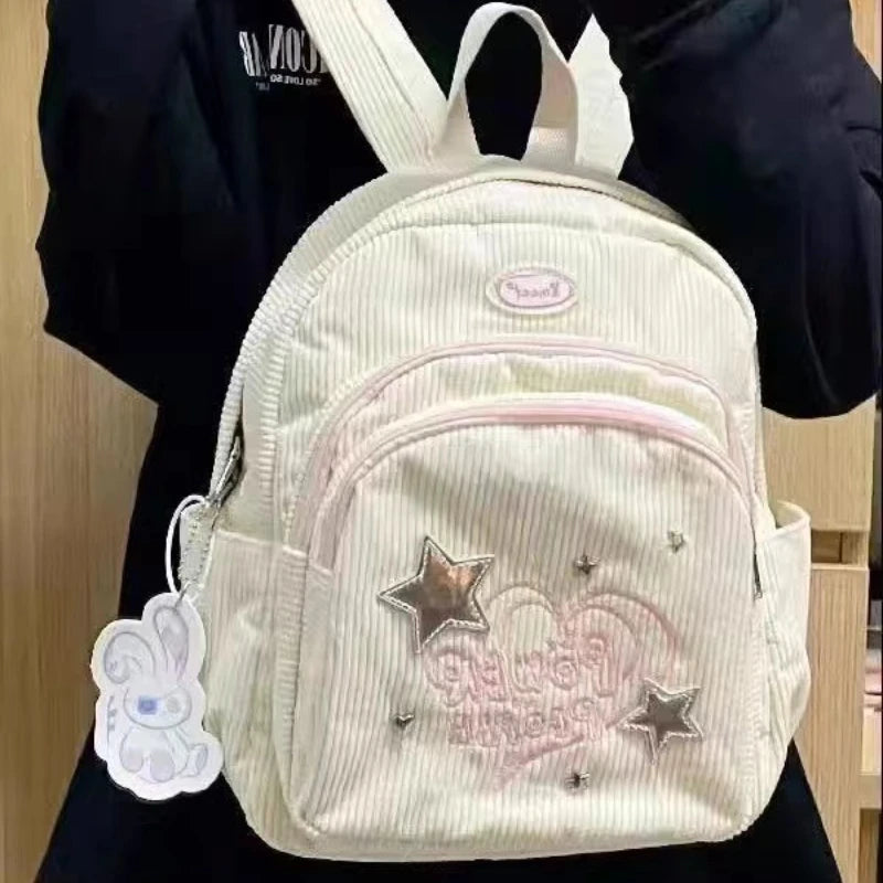 INGVN  Sweet Cute Backpack for Women Heart Star Letter White Corduroy Handbag New College Style Fresh Casual Fashion Shoulder Bag