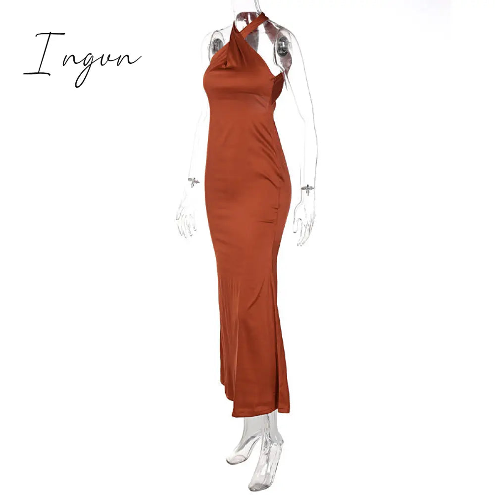 Ingvn - Sexy Satin Sleeveless Backless Elegant Party Maxi Dresses Women Summer Off Shoulder Bodycon Black Long Dress Formal Female