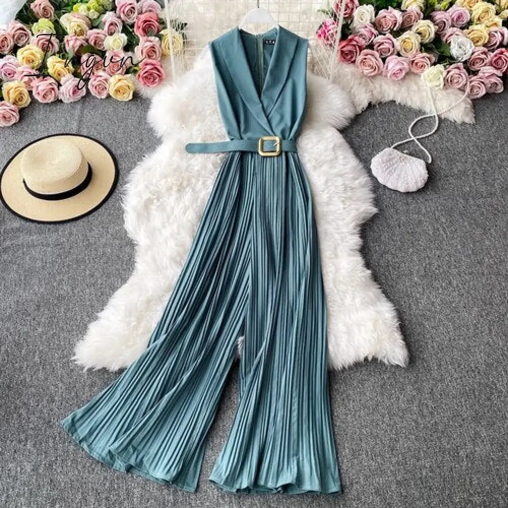 Ingvn - Vintage Notched Collar Draped Rompers For Women Casual Sleeveless High Waist Wide Leg Playsuits Female Beige/Green Jumpsuit