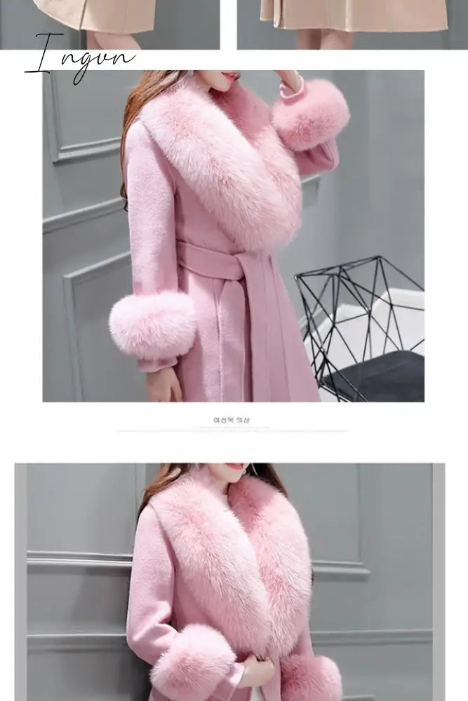 Ingvn - Fur Woolen Coat =New Women  Knee Mid-length Korean Fashion Big Fur Collar Beautiful Cloak Red Pink White Camel S To 3XL
