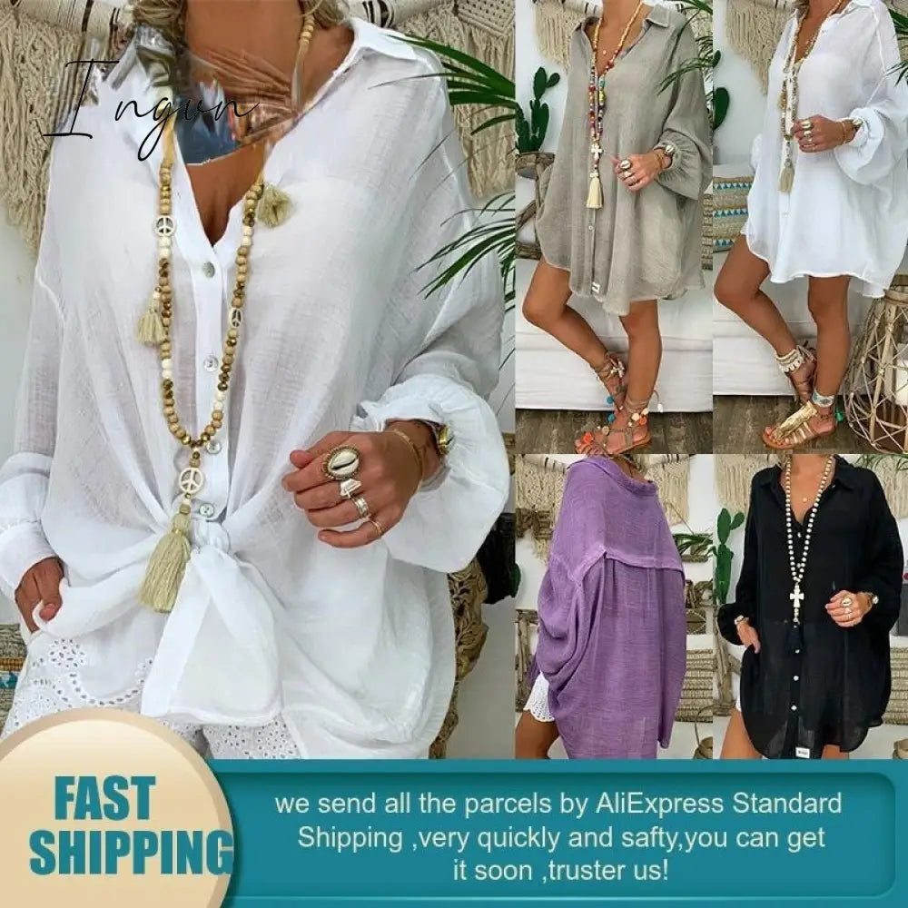 Ingvn - New Loose Women Cover Ups Swimwear White Beach Dress Cotton Beach Kimono Coverups for Women Swimsuit Cover Up Beach Woman