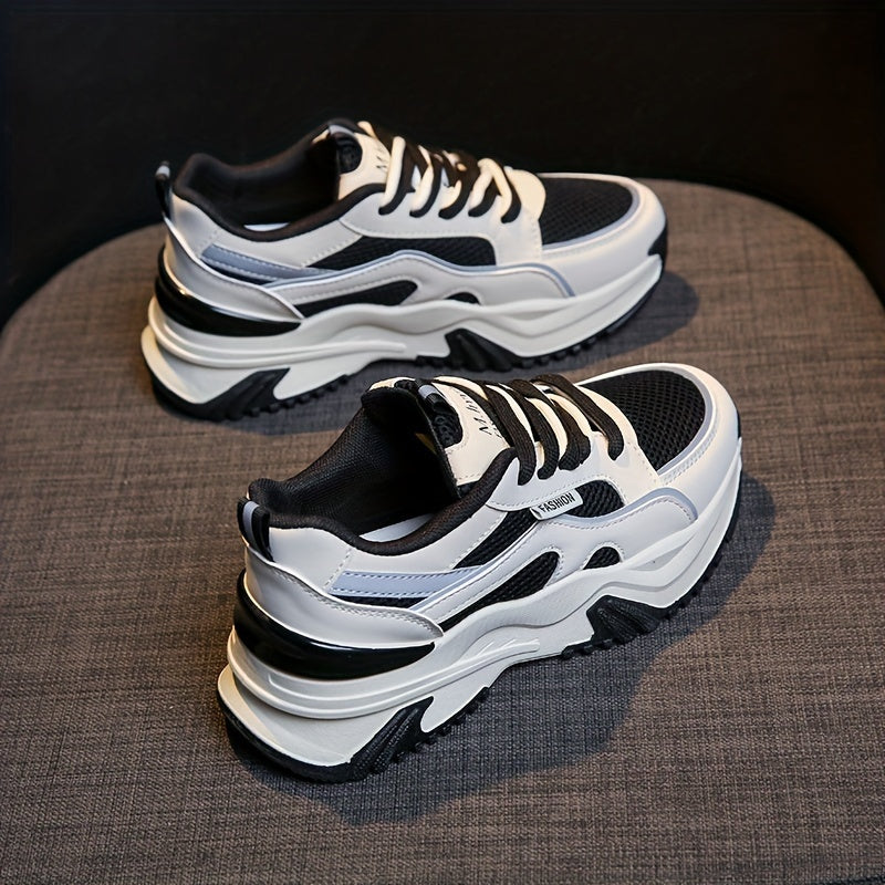 Women's Fashion Contrasting Sneakers, Casual Sports Shoes, Breathable Chunky Sole Lace-Up Design