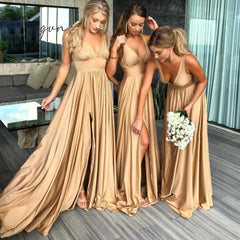 Ingvn - Sexy Bridesmaid Dresses Satin Simple V Neck High Slit Wedding Party Backless Evening Robe For Cccasion Long Prom Gown