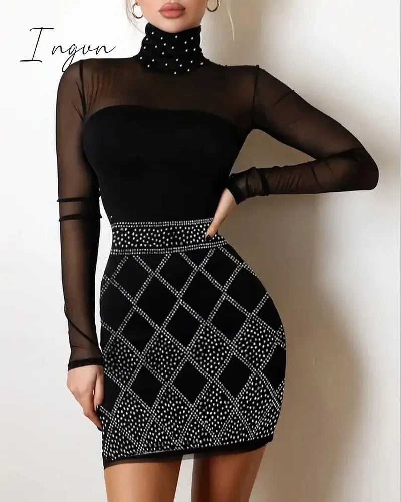 Ingvn - Y2K Sexy Floral Print Contrast Mesh Bodycon Dress Geometric Night Out Vestidos Mini Casual Daily Women Floral Dress