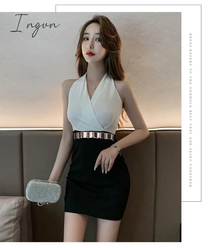 Ingvn - Summer New Women's Fashion Sexy V-Neck Design Tight Sleeveless Short Dress Elegant Slim Office Ladies Contrast Color A-line