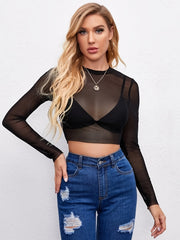 All-Season, High-Stretch Sheer Mesh Crop Top: Chic, Sexy Solid Color - Perfect for Summer & Beyond, Breathable & Versatile
