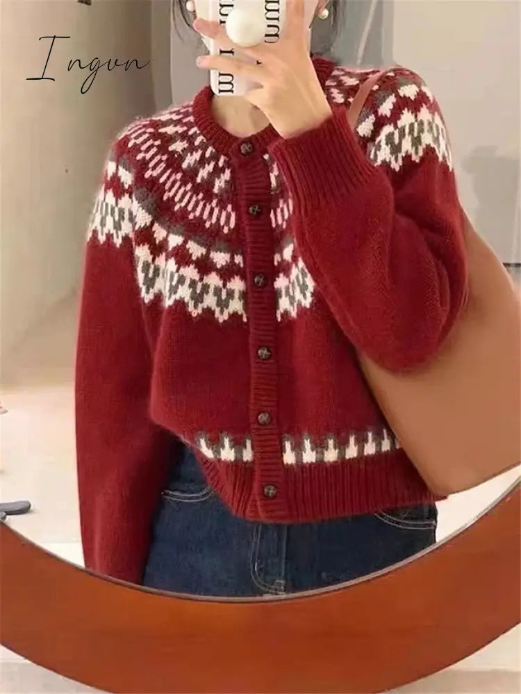 Ingvn - Women's Ugly Christmas Sweater Cardigan Sweater Jumper Ribbed Knit Patchwork Button Geometric Crew Neck Stylish Casual Christmas Daily Fall Winter Red Navy Blue One-Size
