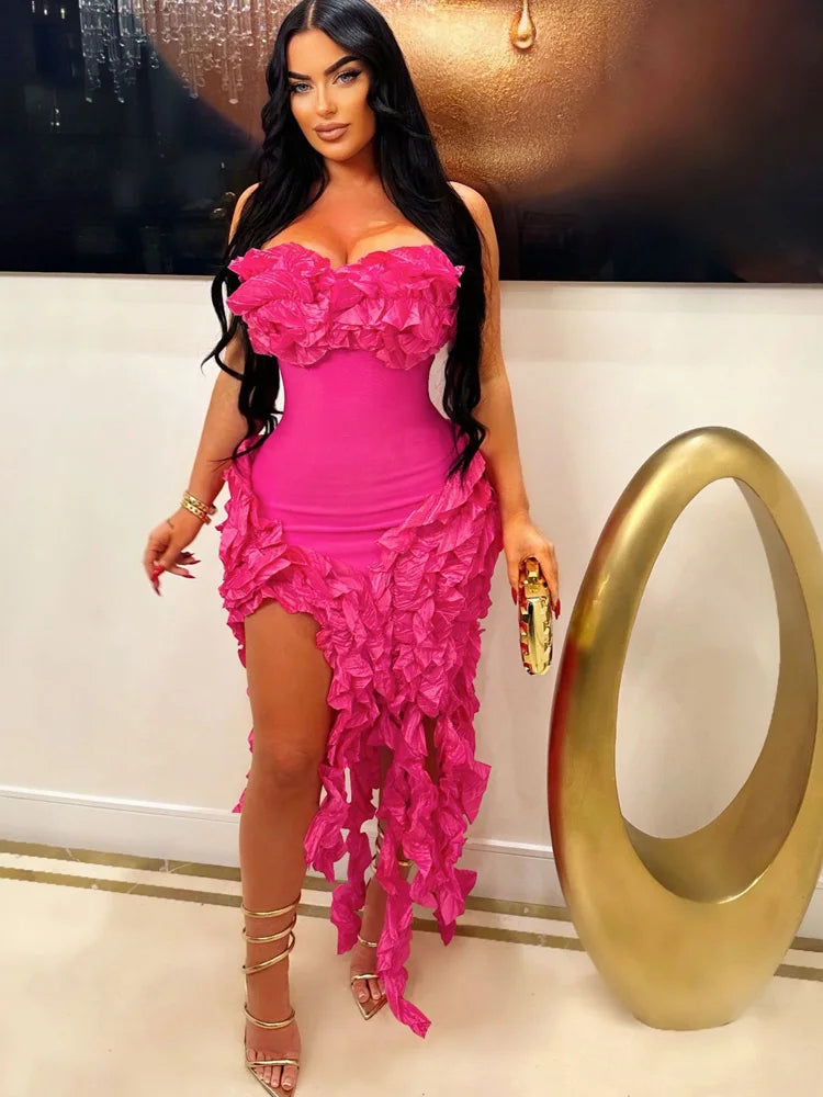 Women Summer Strapless Ruffles Tassel Dress Girls Glamour Red Flower Irregular Party Dress Celebrities Outfits Clubwear