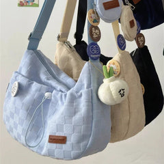 INGVN  Harajuku Style College Crossbody Bag Solid Color Plaid Print Large Capacity Shoulder Bag New Cute Fashion Designer Handbag