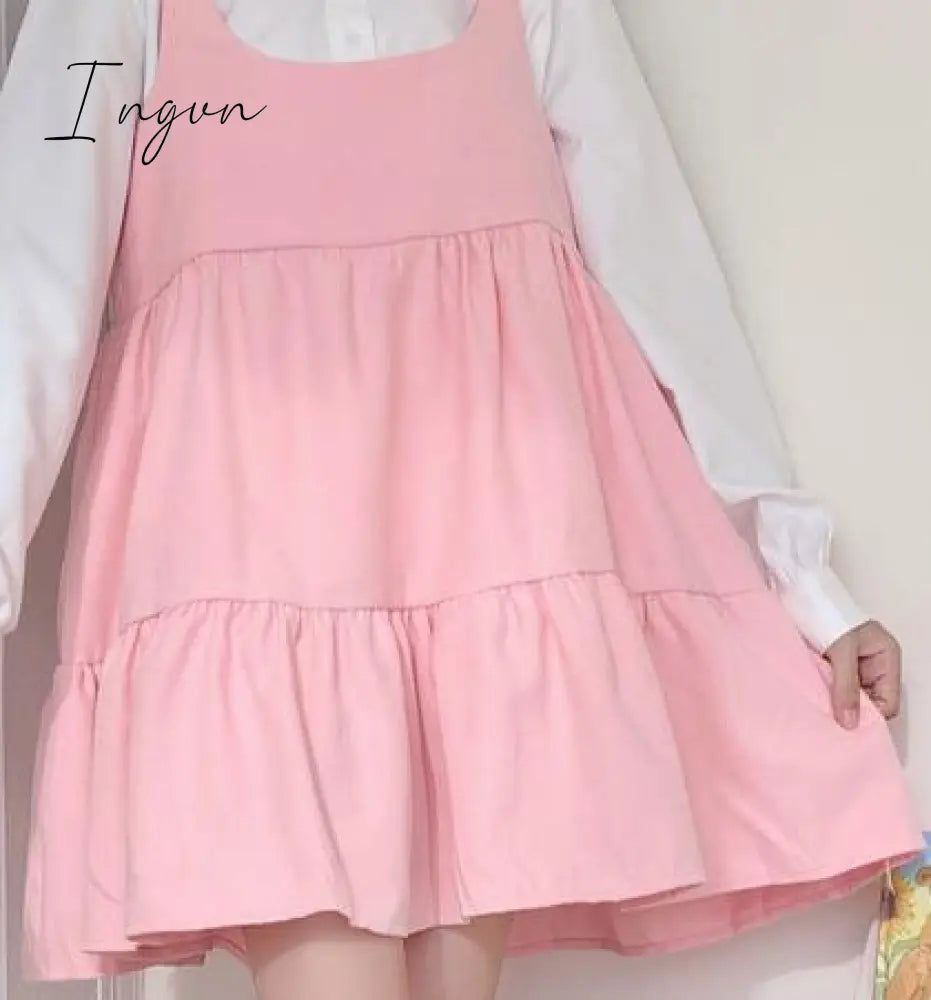 Ingvn - Japan Autumn Kawaii Lolita Two-piece Suit Cosplay Loli Bow Rabbit Ears Shirt Sweet Soft Girl Sleeveless Ruffles Suspender Dress