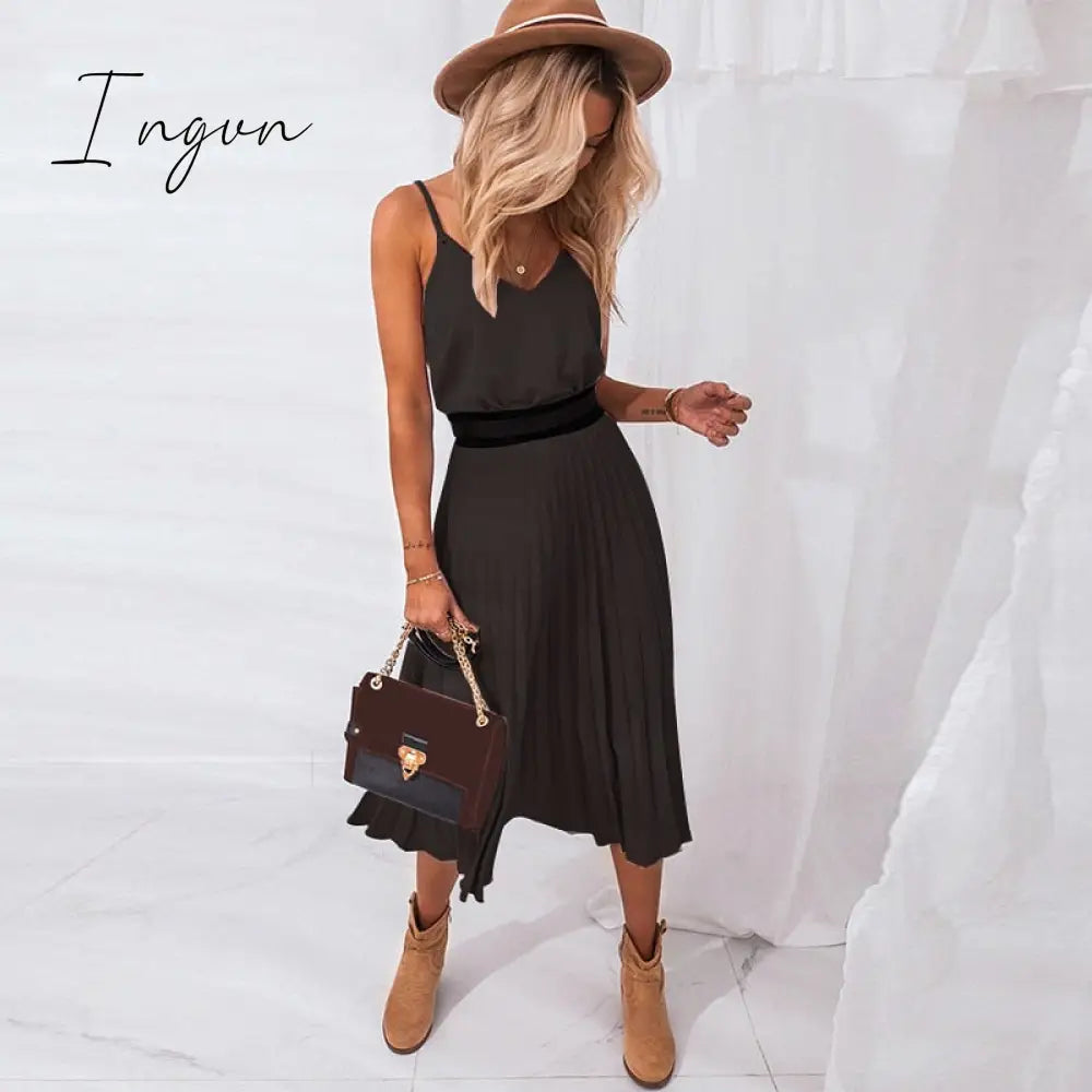 Ingvn - Sexy Women Summer Sexy Dress Spaghetti Strap Dress V-Neck Pink Female Pleated Midi Dress Casual Office Ladies Party Dresses