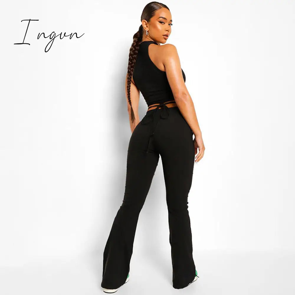 Ingvn - Fashion Trends Cyber Y2k Flare Pants E Girl Style Sexy Strechy Trousers Women Lace Up V Waist Low Rise Harajuku Black Pants C85-BB22