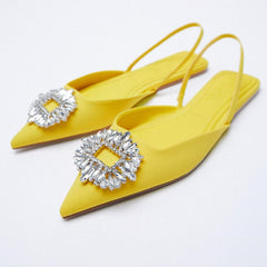 ZA Women's Shoes 2026 Summer New Yellow Rhinestone Buckle Slingbacks Shoes Pointed Toe Flat Elegant Wedding Shoes