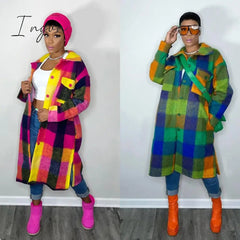 Ingvn - Women Plaid Single Breasted Long Sleeve Turn-down Neck Shirt Style Long Wool and Blends Outcoat coats and jackets women