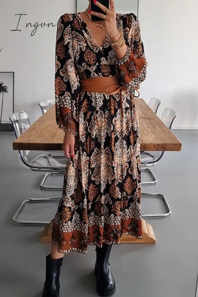 Ingvn - Casual Bohemian Floral Fold V Neck Printed Dresses(4 Colors)