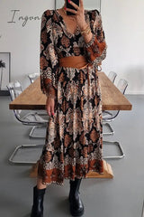 Ingvn - Casual Bohemian Floral Fold V Neck Printed Dresses(4 Colors)
