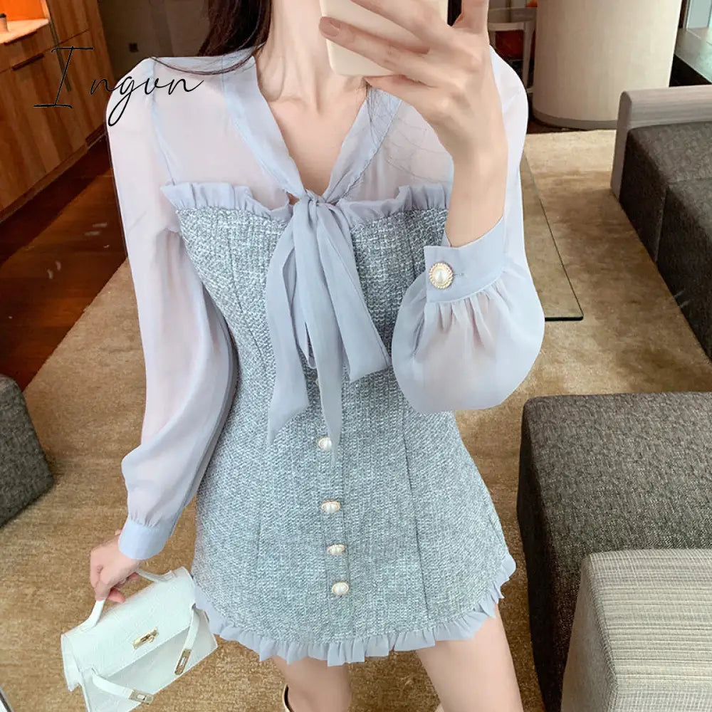 Ingvn - New Spring Vintage Sexy See-through Chiffon Patchwork Tweed Mini Dress Women Ribbon Bow Single-breasted Long Sleeve Party Dress
