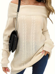 Solid Cable Knit Off Shoulder Knit Dress, Versatile Long Sleeve Sweater Dress For Fall & Winter, Women's Clothing