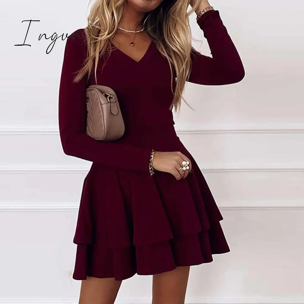 Ingvn - Sexy Women V neck Pleated Party Dress Spring Solid Casual Long Sleeve Loose Dress Elegant Autumn Office Lady Mini Dress Vestidos